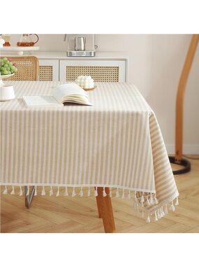NEW Meioro Striped Tablecloth. Cotton Blend. Beige, 60 x 102”